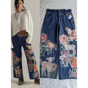 New Free People We The Free Farm To Peach Patched Jeans Barnyard Blue NWT 26